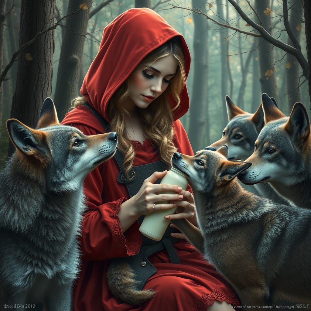 Red Riding Hood Feeds Wolf Cub: Hyperrealistic Forest Scene