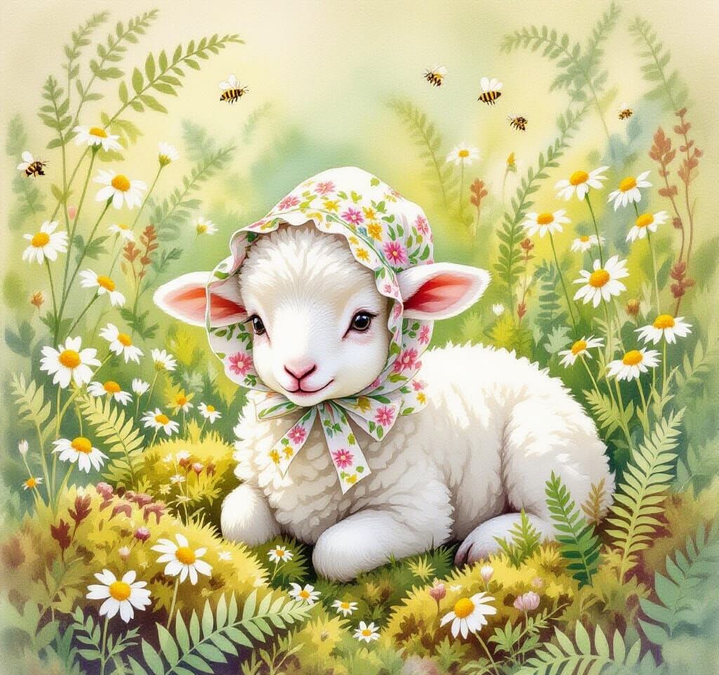 A serene baby lamb wearing a bonnet.