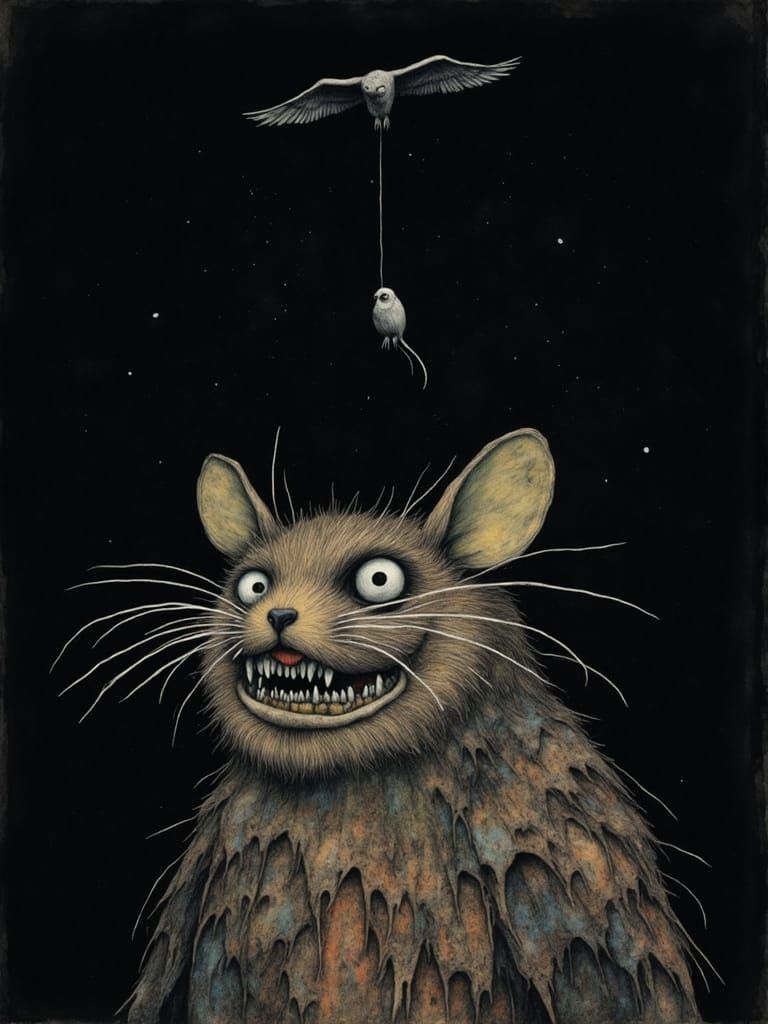 Terrified Mouse and Owl in Macabre Cityscape