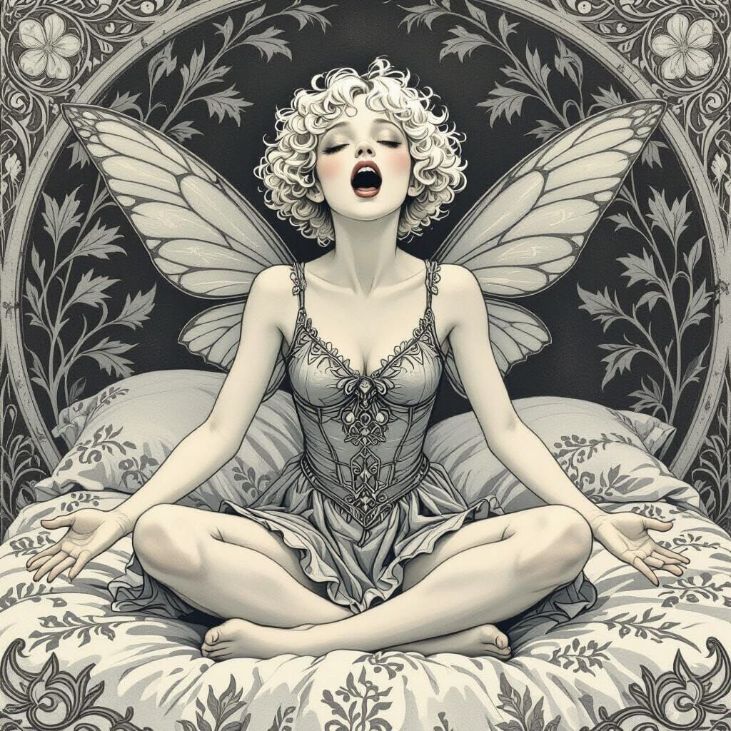 Monochrome Fairy Yawning on Leaf-Patterned Bed