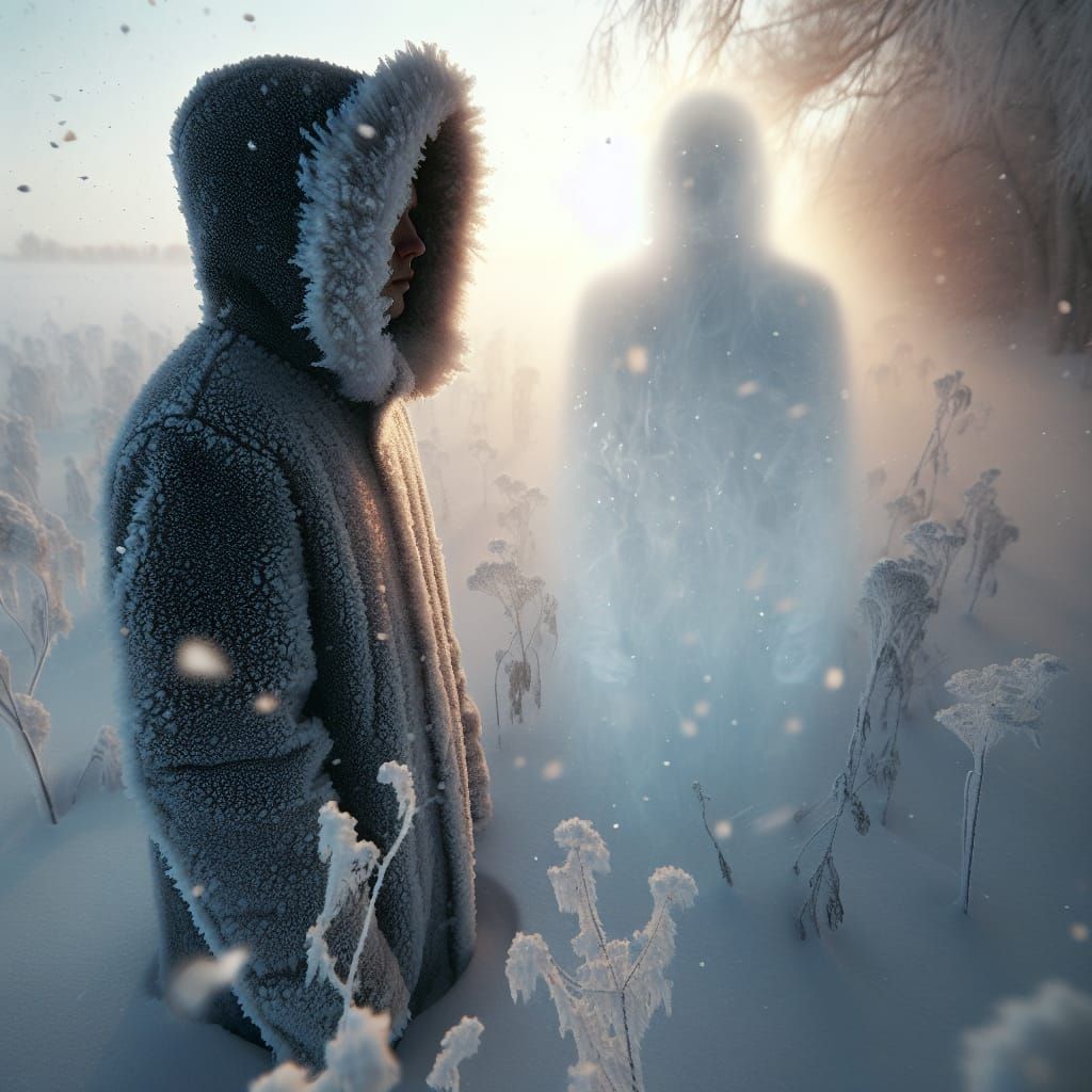 Snowy Landscape with Ethereal Figure in Distance