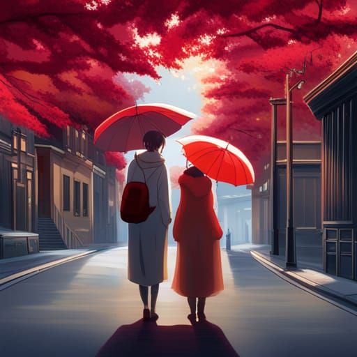 Woman with Red Umbrella in Anime Style