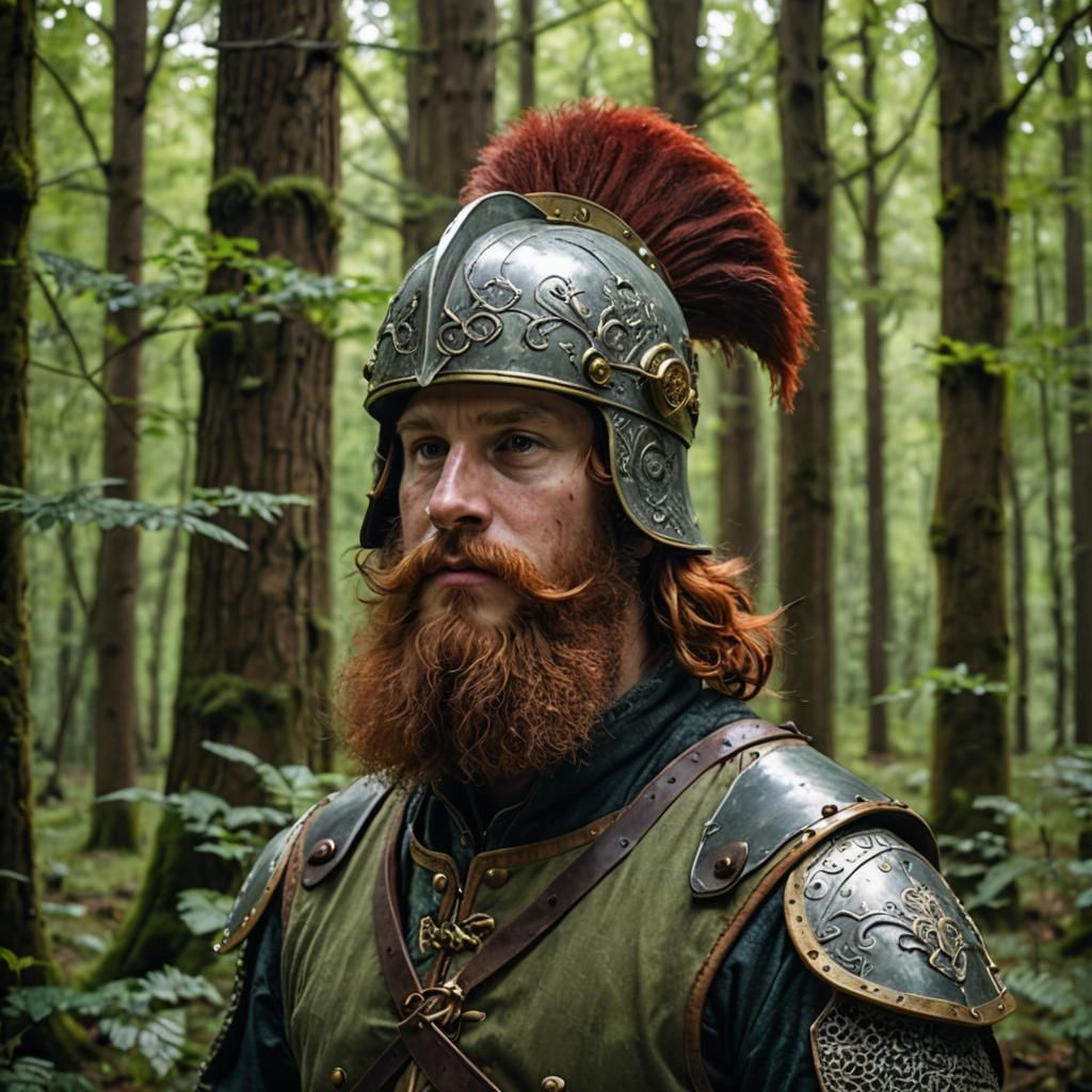 Redhead Bard with Helmet in Forest Portrait