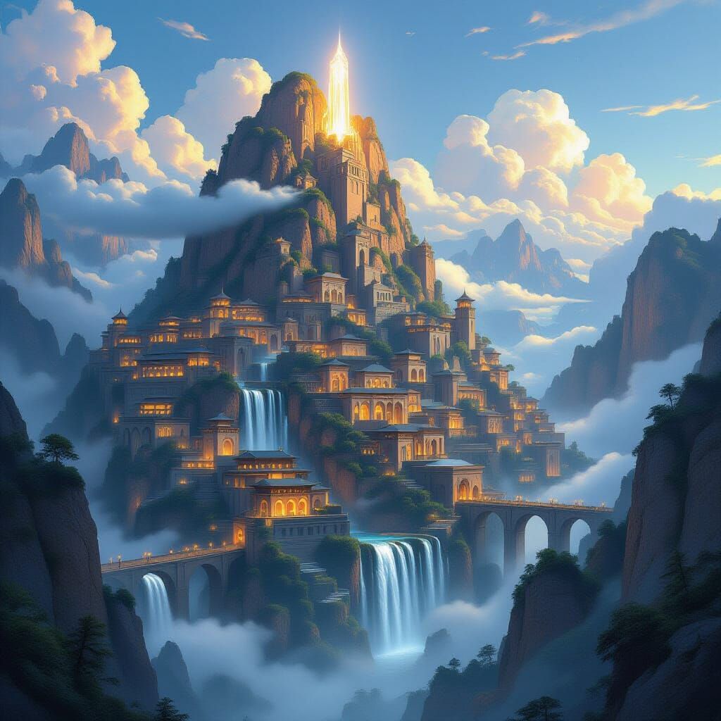 Majestic Mountain City with Glowing Lanterns