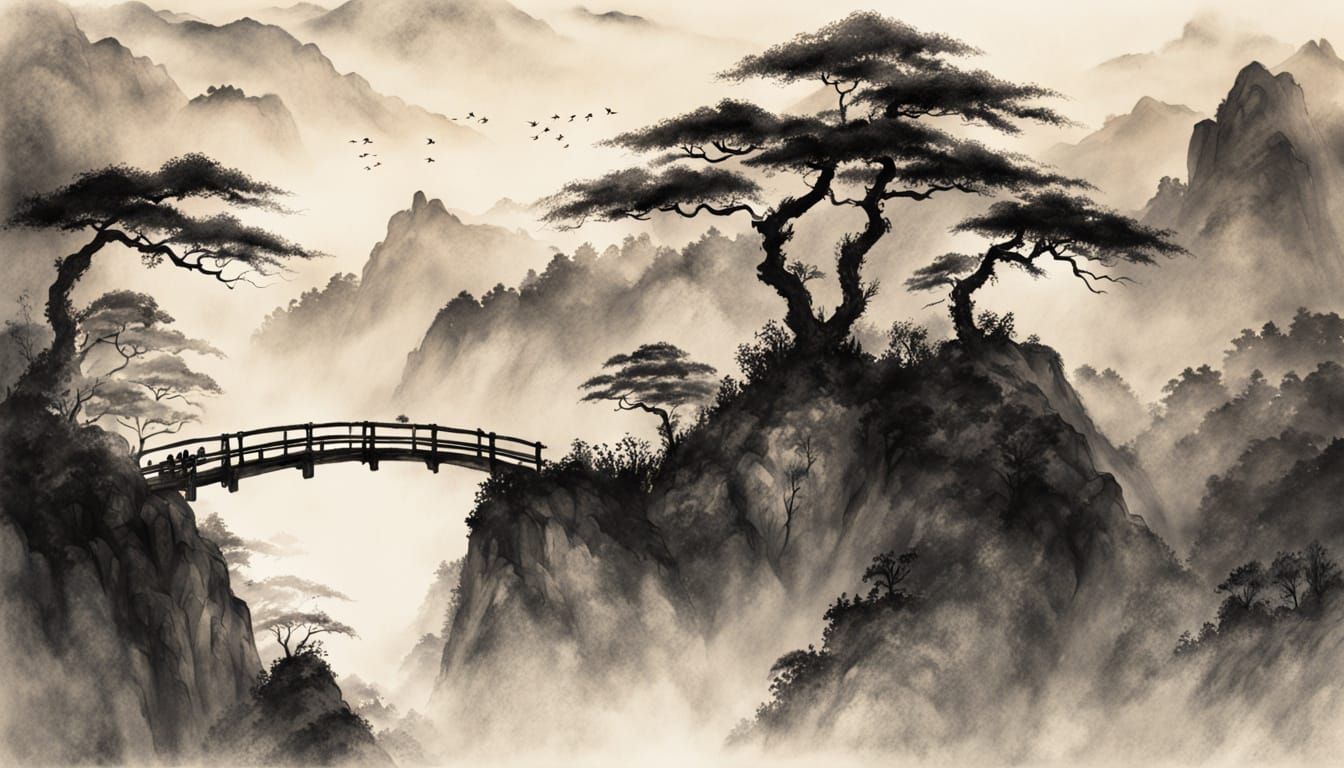 Misty Japanese Forest Landscape in Ink Wash Style