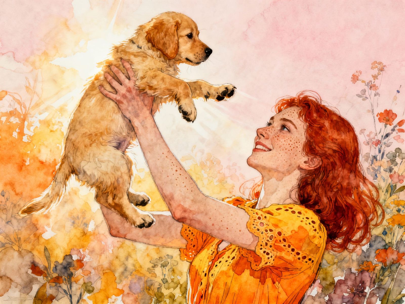 Woman With Red Hair Throws Puppy in Happy Atmosphere