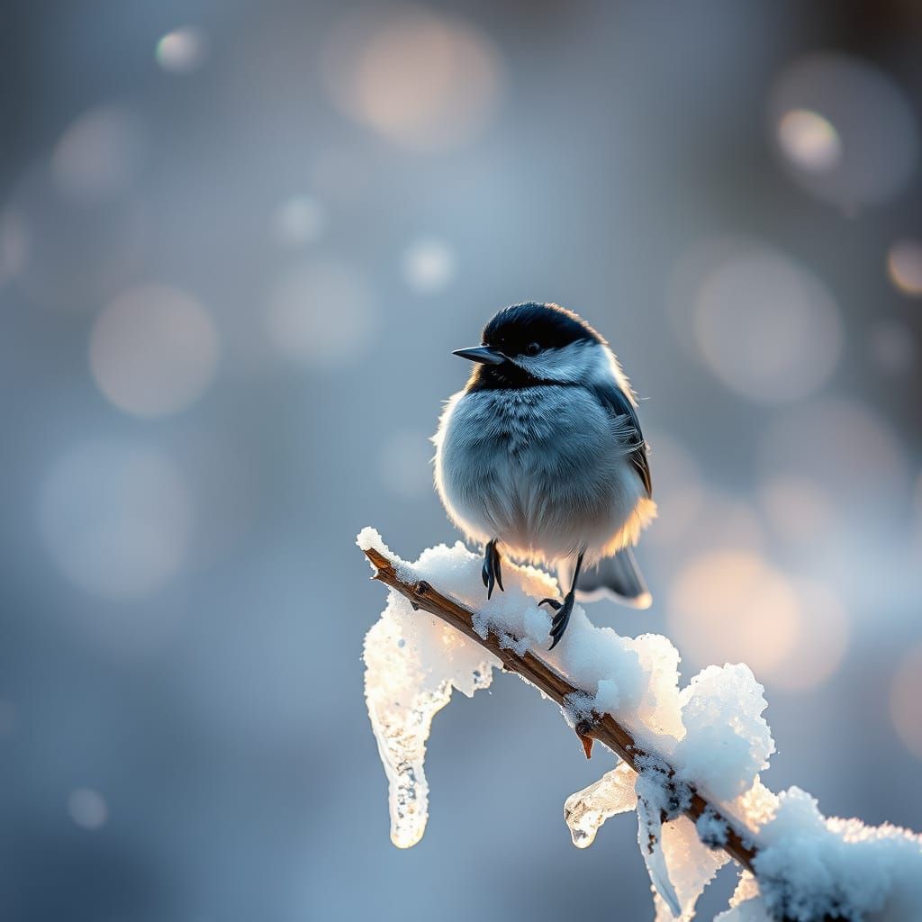 Serene Winter Chickadee in Moody Film Grain