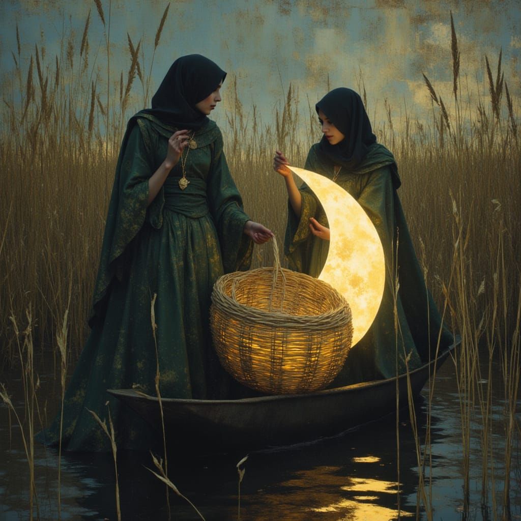 Regal Priestesses Transporting Glowing Moon in Boat