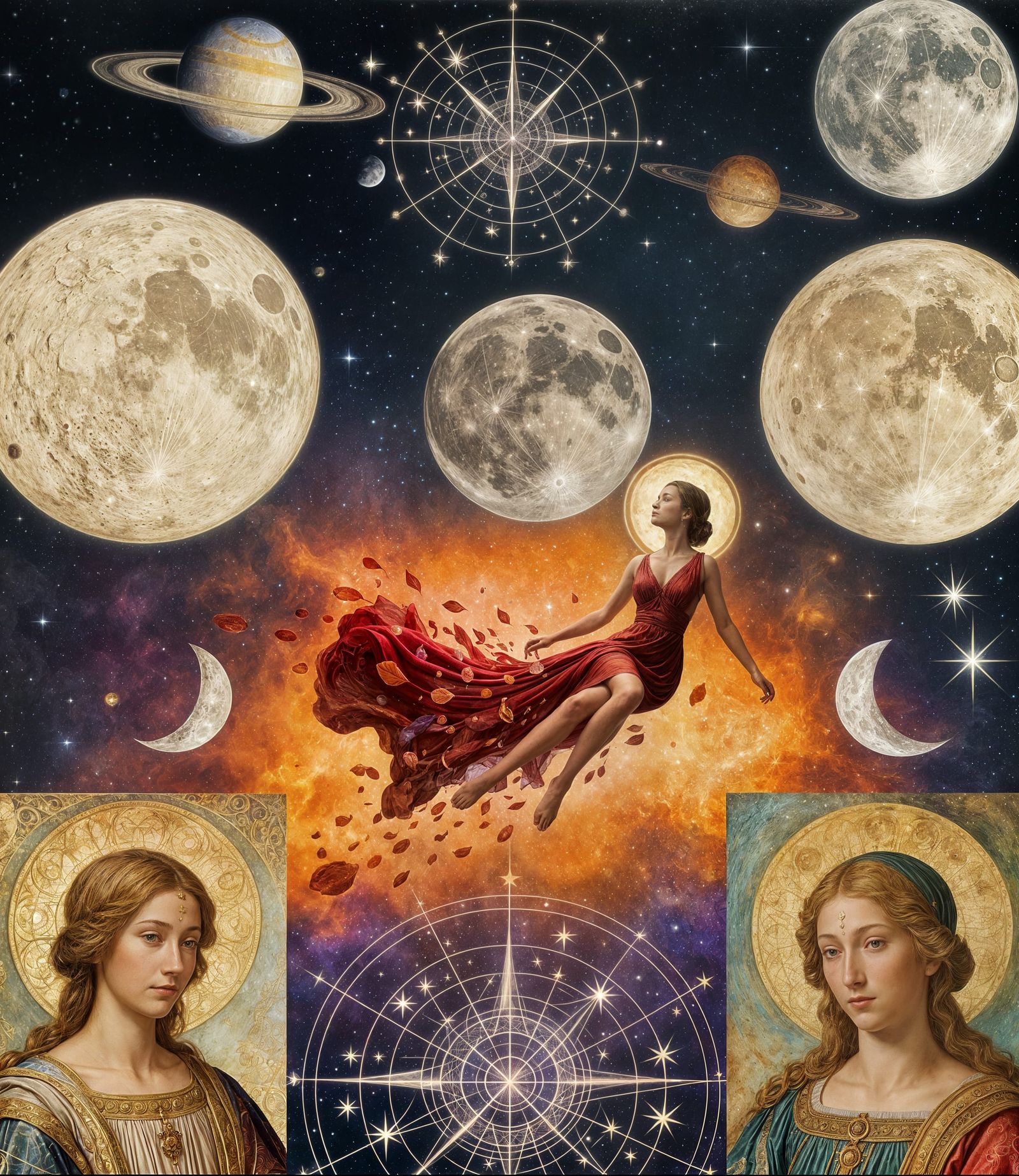 Cosmic Collage with Renaissance Figures and Celestial Geomet...