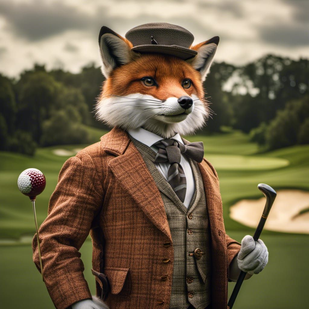 Fox Golfer in 1800s Attire, Hyperrealistic