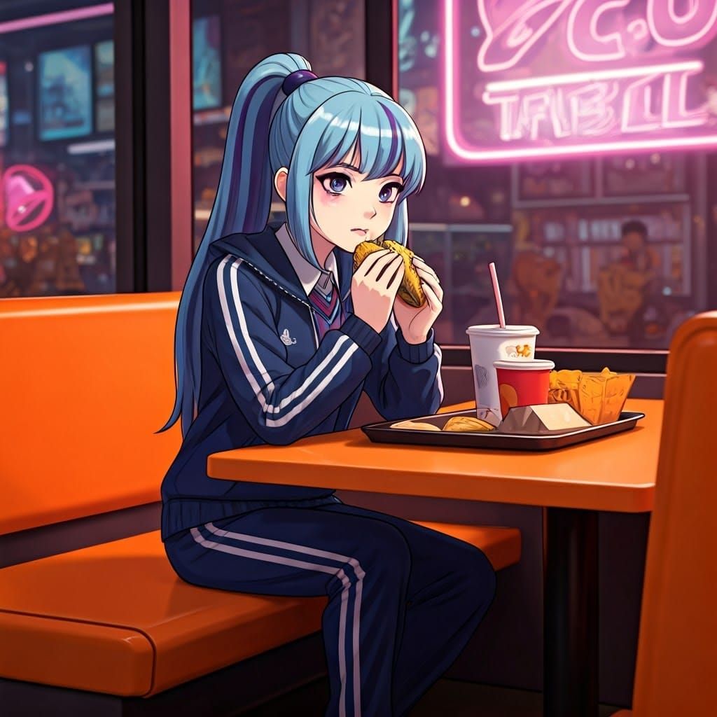 Girl with Blue Hair Enjoys Tacos in Pop Art Style