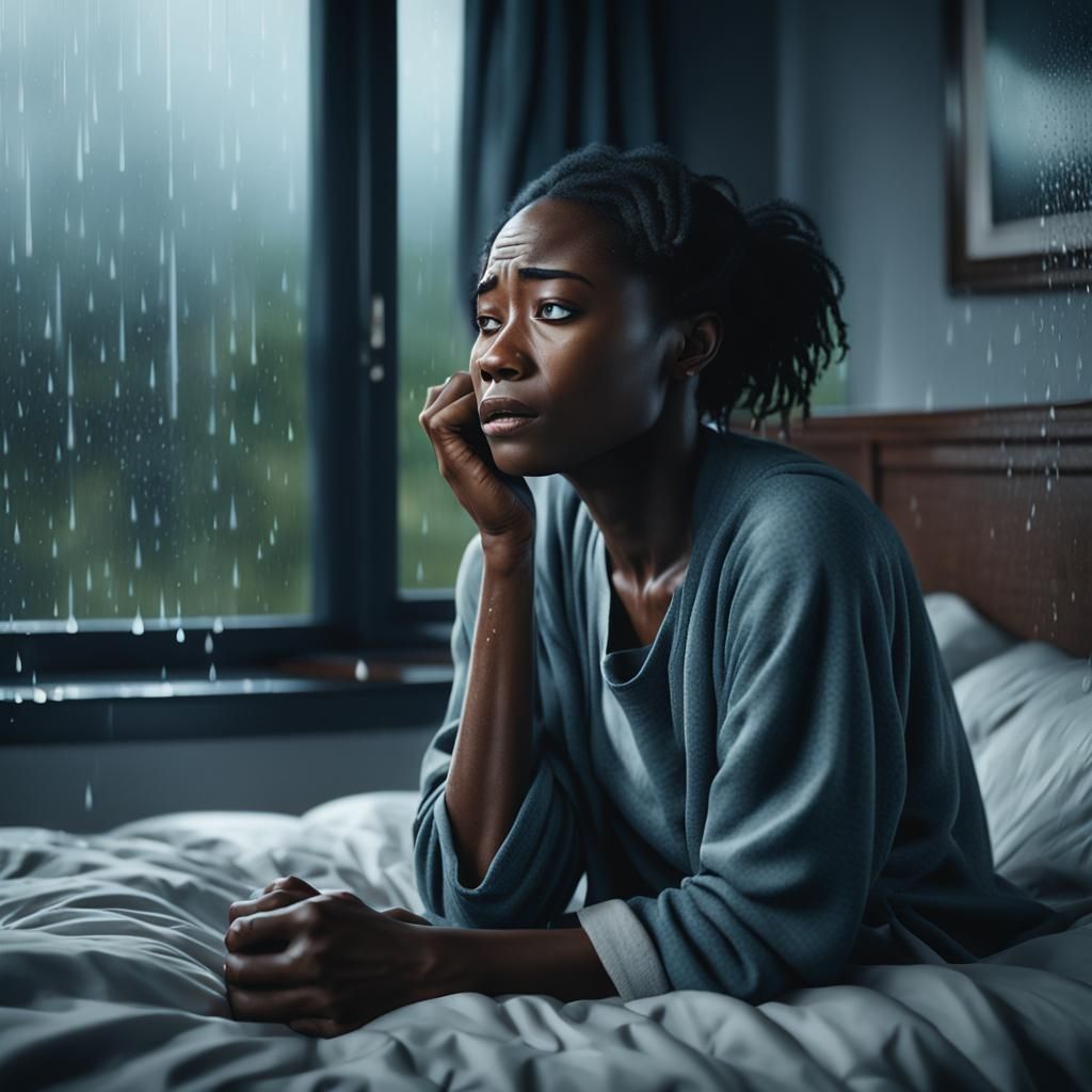 Sad Woman Crying in Bed on Rainy Day