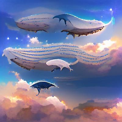 Whales Swimming in a Colorful Sky