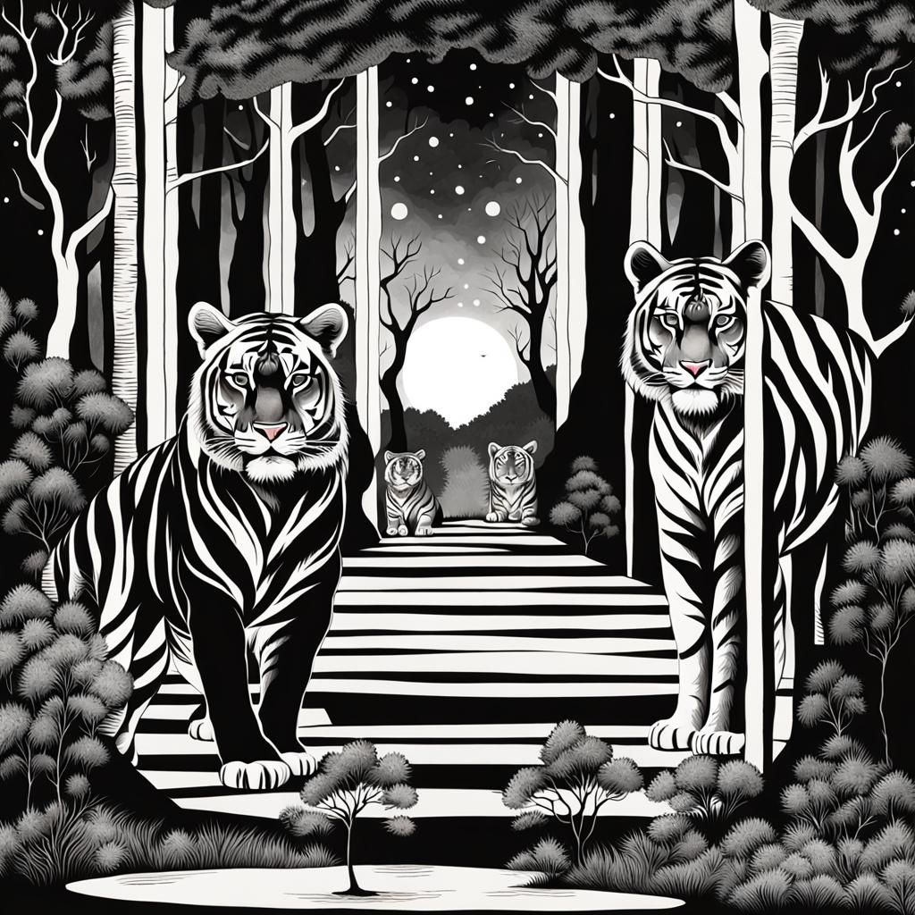 Tigress and Cubs in Surreal Psychedelic Landscape