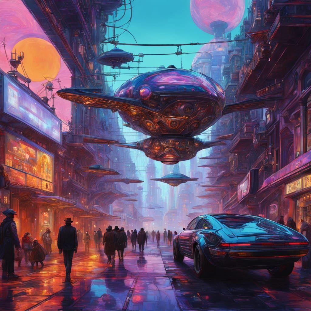 Steampunk Metropolis in Vibrant, Iridescent Hues