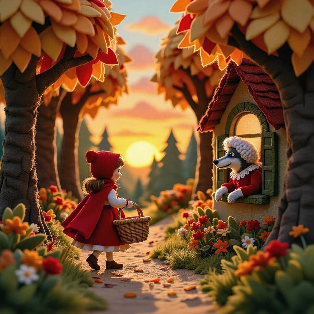 Felt Red Riding Hood in Dark Forest Diorama