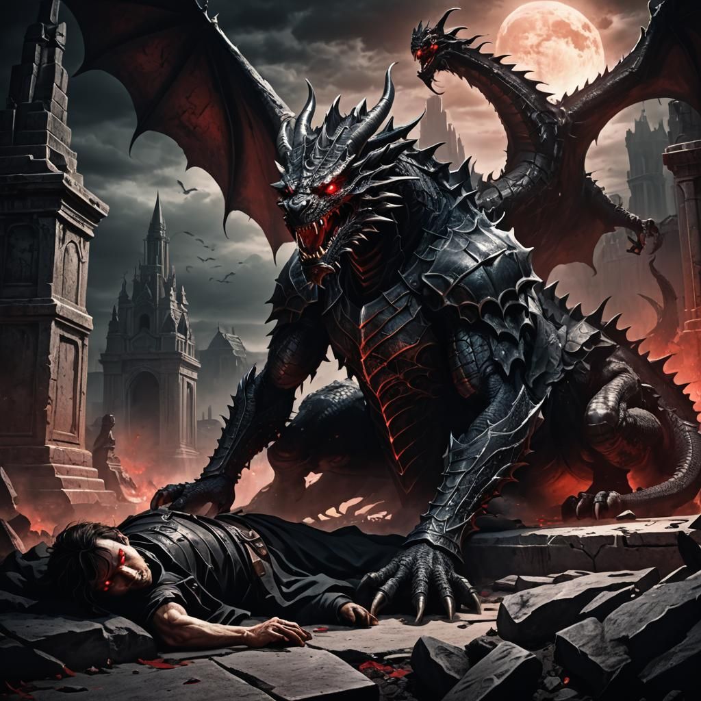 Dark Fantasy Dragon Looms Over Fallen Warrior