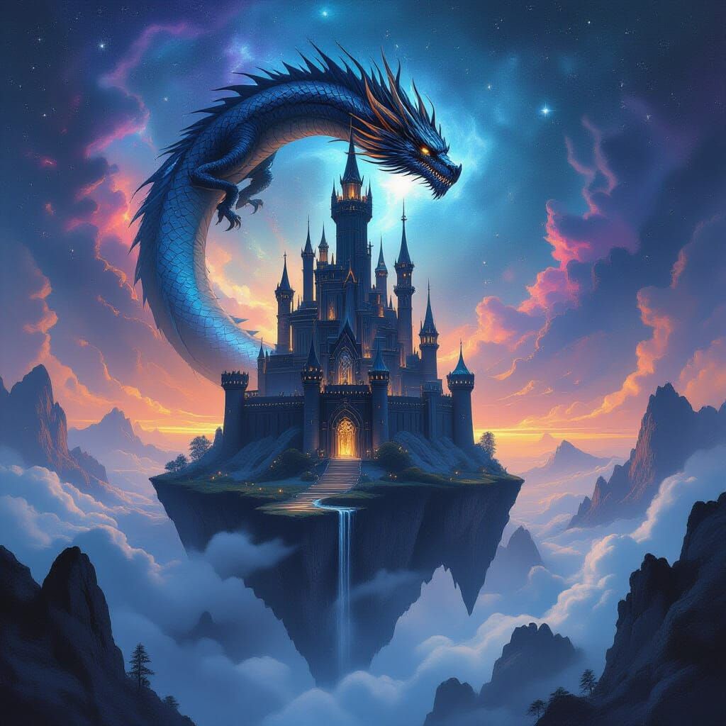 Majestic Obsidian Castle on Floating Island with Dragon