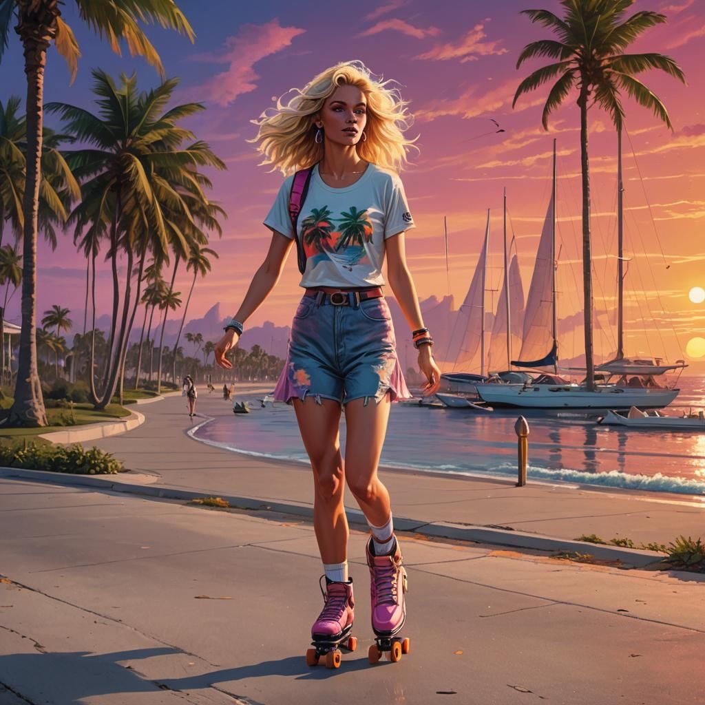 Synthwave Roller Skater at Sunset Beach