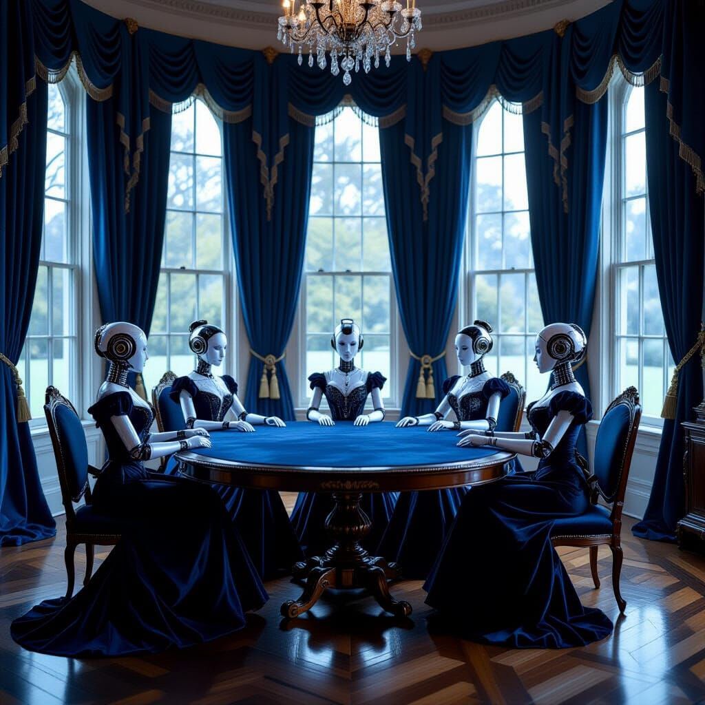 Victorian Robots in Moonlit Drawing Room