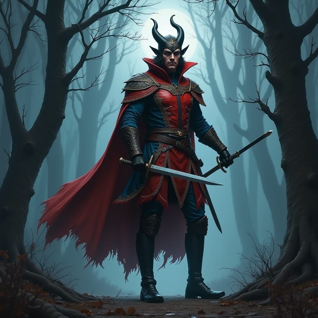 Dashing Rogue in Gloomy Forest, High-Contrast Art