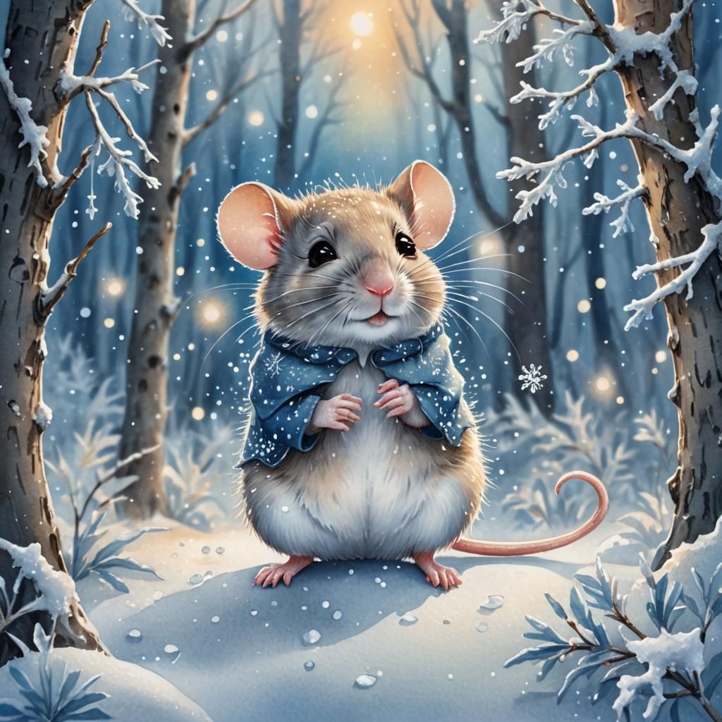 Adorable Mouse in Winter Forest: Watercolor Illustration
