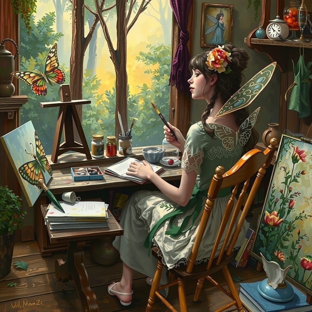 Whimsical Fairy Painter in Enchanted Forest