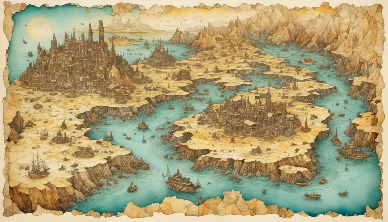 Antique-Style Map of Island Archipelago in Watercolour