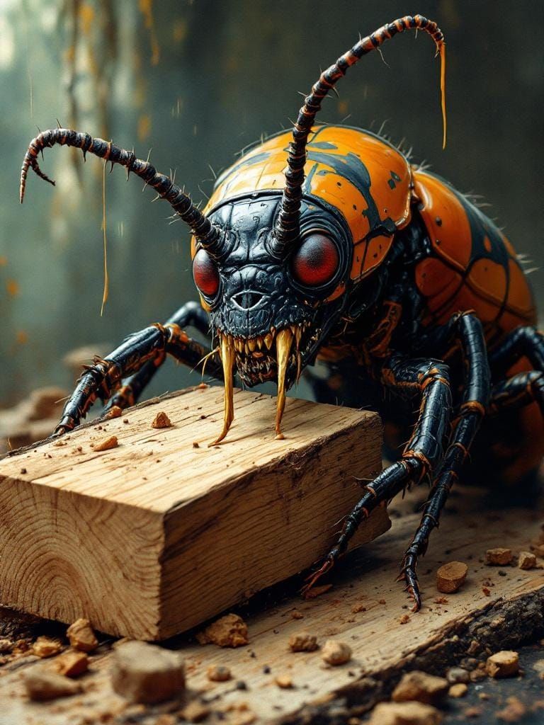 Humanoid Woodworm Beetle Feast in Abstract Art Style