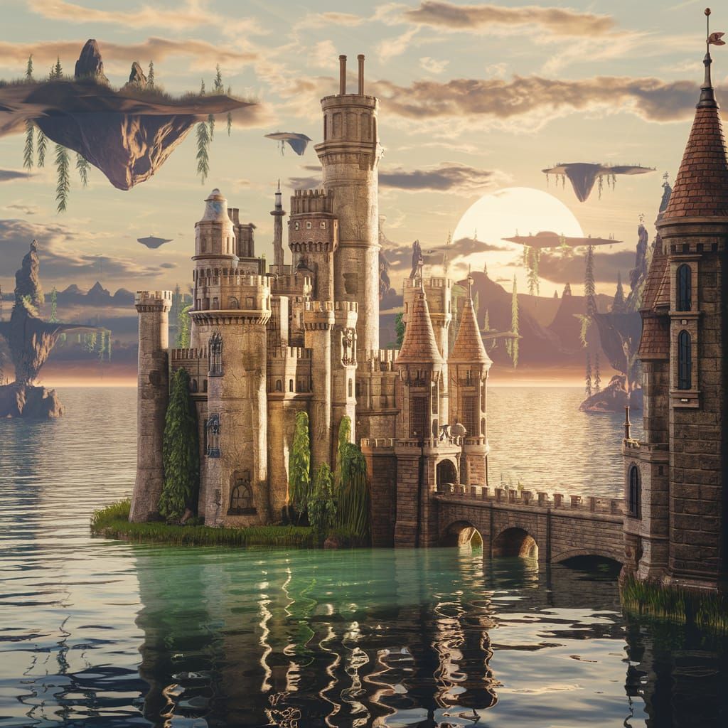 Fantastical Castle on Serene Lake, Matte Painting
