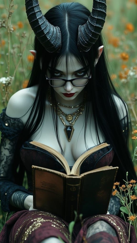 Tiefling Woman Reading in Fantasy Forest, Oil Painting