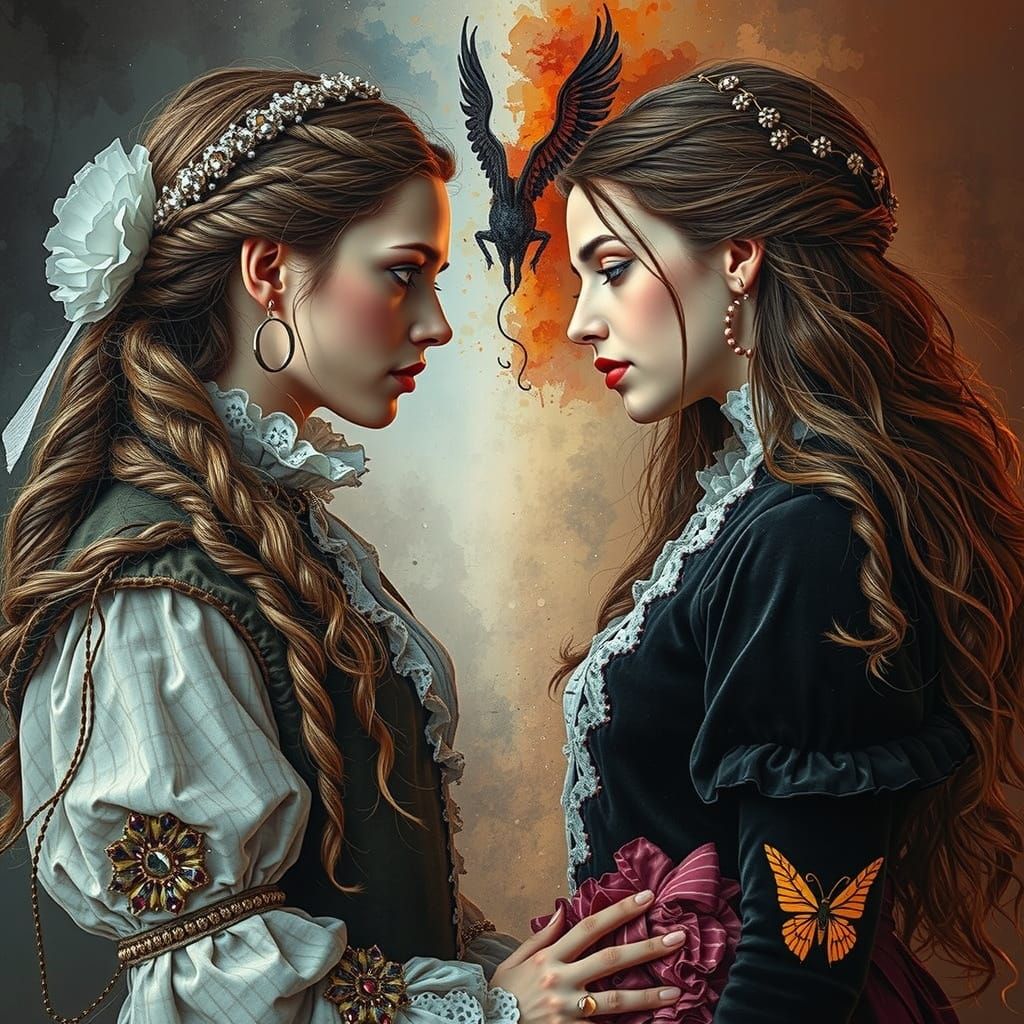 Two Women Across Time in Surreal 5D Rendering