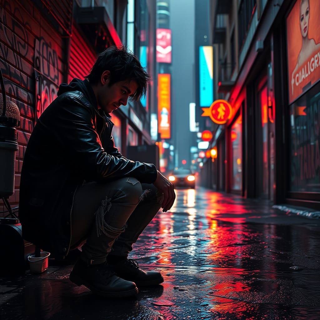 Cyberpunk Hacker in a Gritty, Rain-Slicked Alleyway