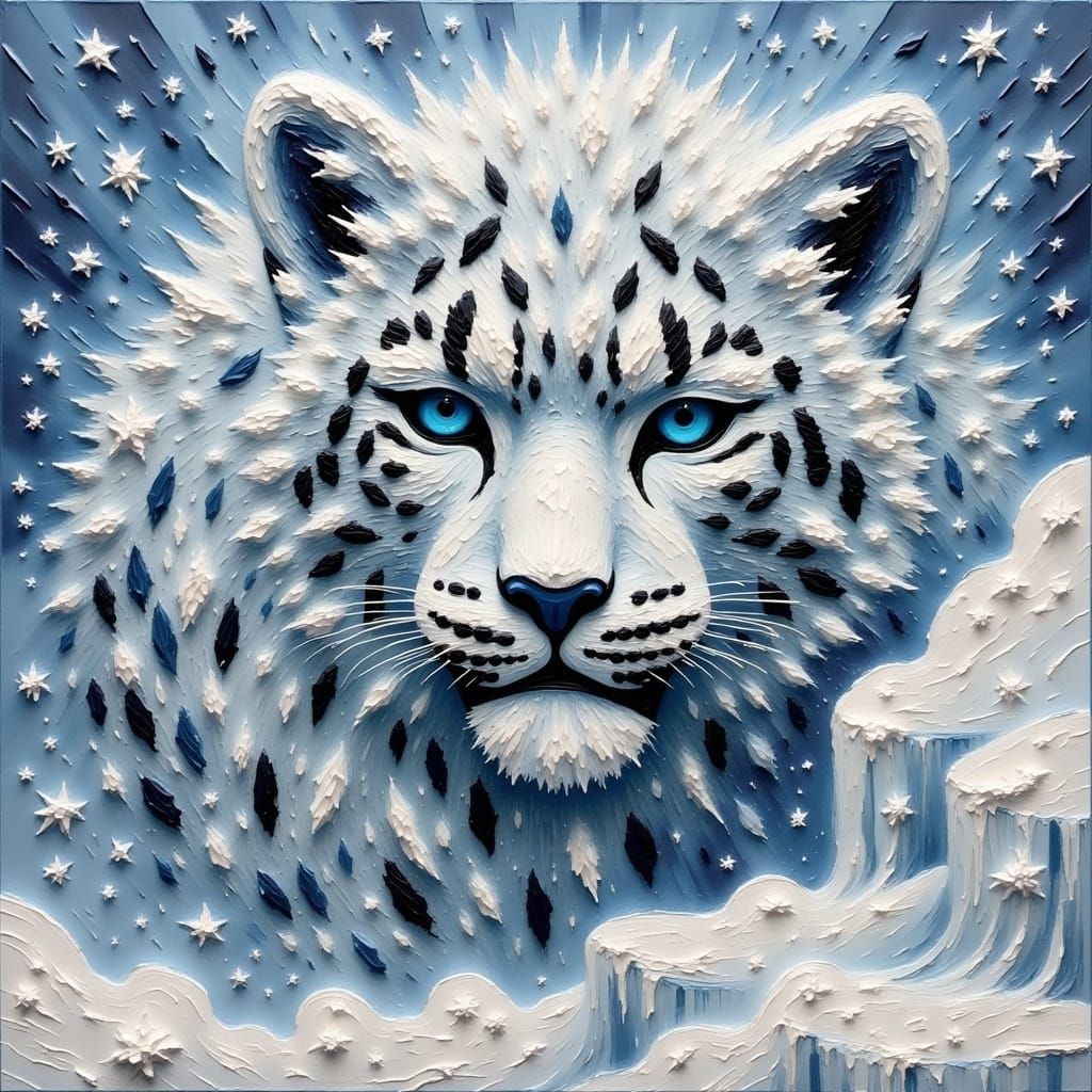 Impasto Snow Leopard in the Arctic Storm
