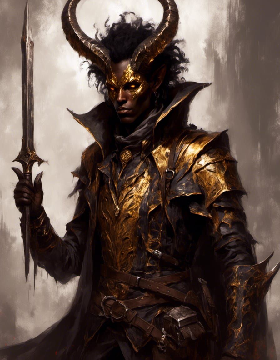 Tiefling Inquisitor with Greatsword and Golden Eyes