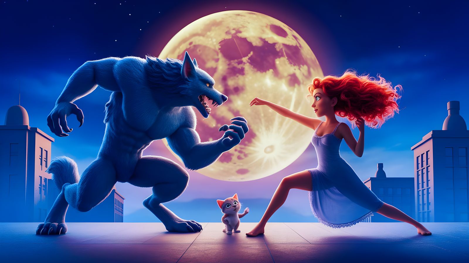 Moonlit Rooftop Showdown: Woman vs. Werewolf in Pixar Style