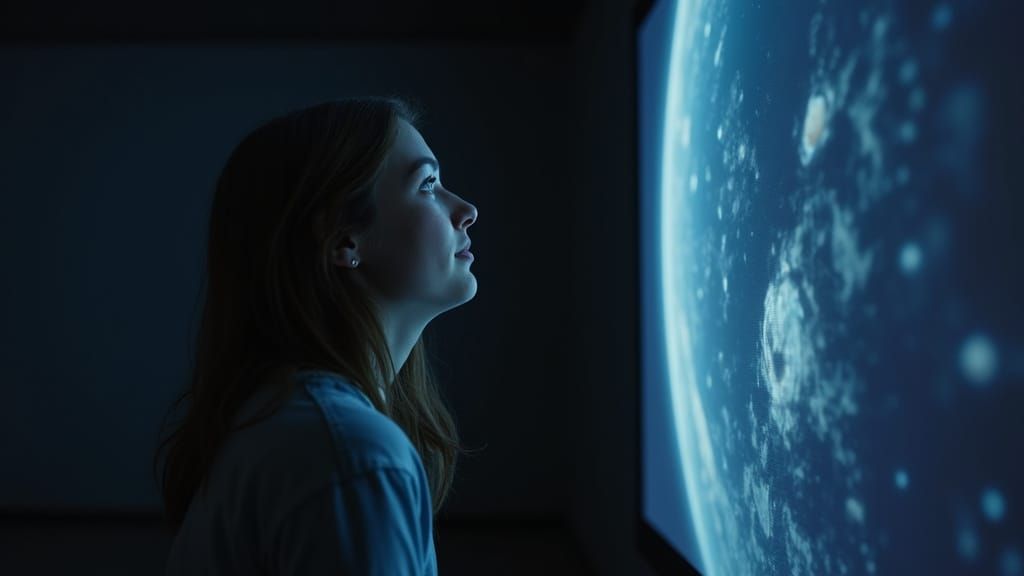 Girl Bathed in Wonder, NASA Space Images Dancing in Her Eyes