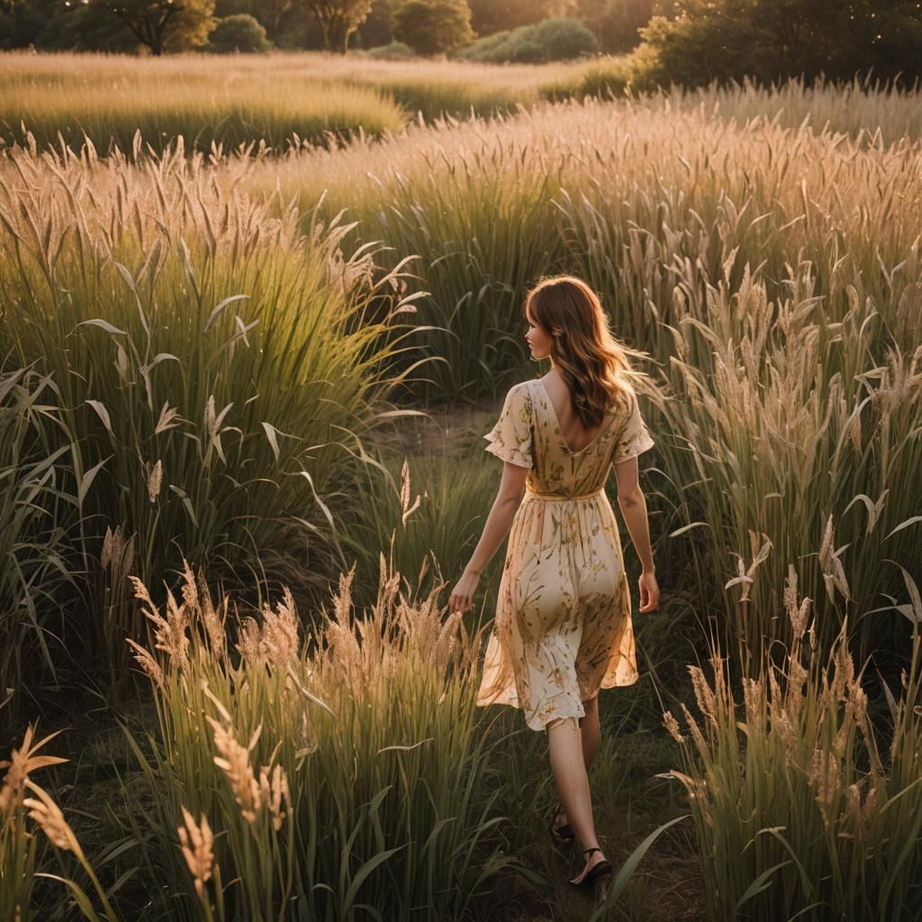 Girl and Fox in Lemongrass Field at Sunset