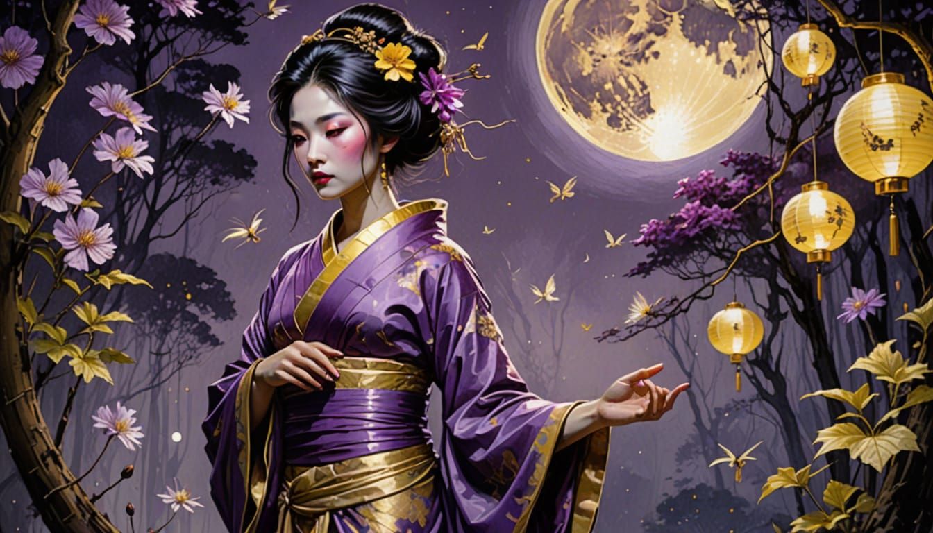 Geisha in Silk Dress Under Pale Moon
