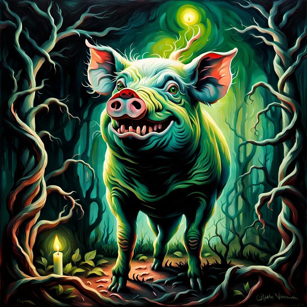Cannibal Pig in Overgrown Garden: Dark Surrealism