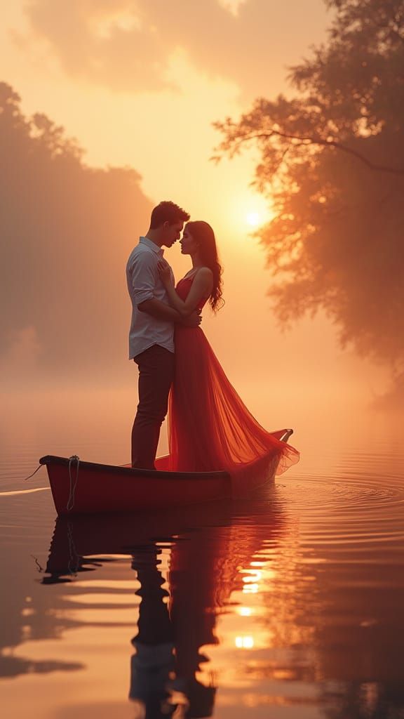 Romantic Couple Embrace in Red Boat Under Purple Haze