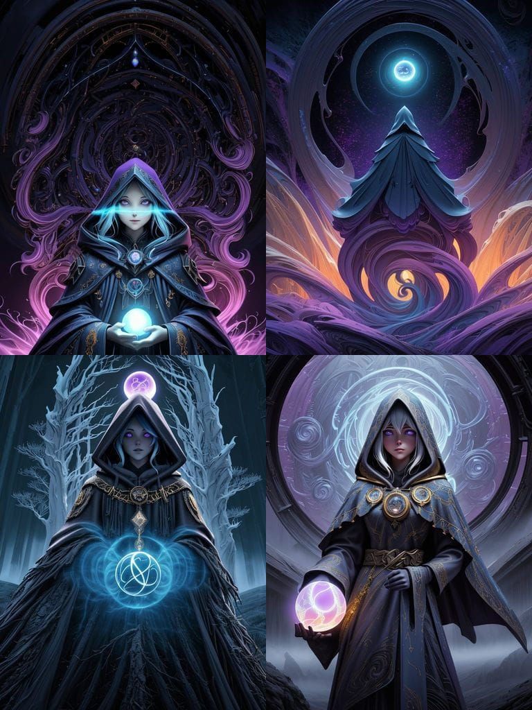 Mysterious Wizard with Glowing Orb in Eerie Landscape