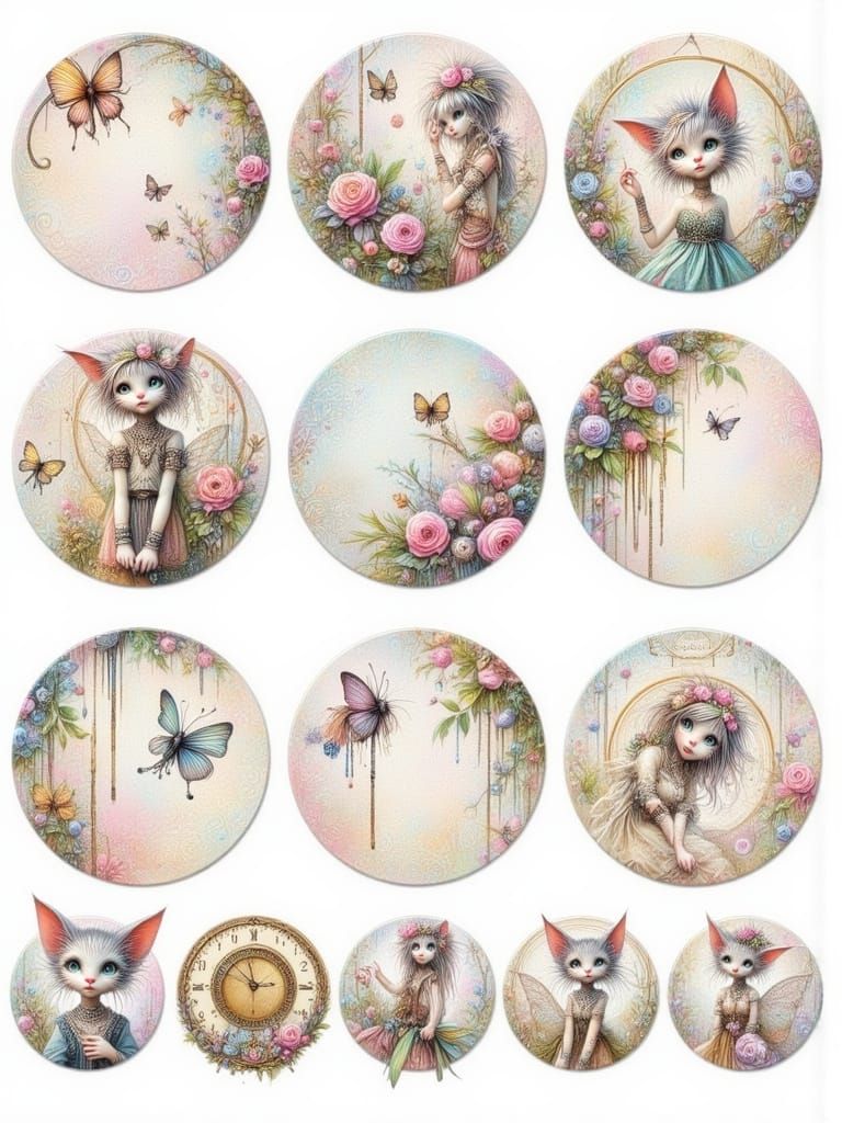 Fantasy Fairy Punk Scrapbook Tags in Whimsical Hyperrealisti...