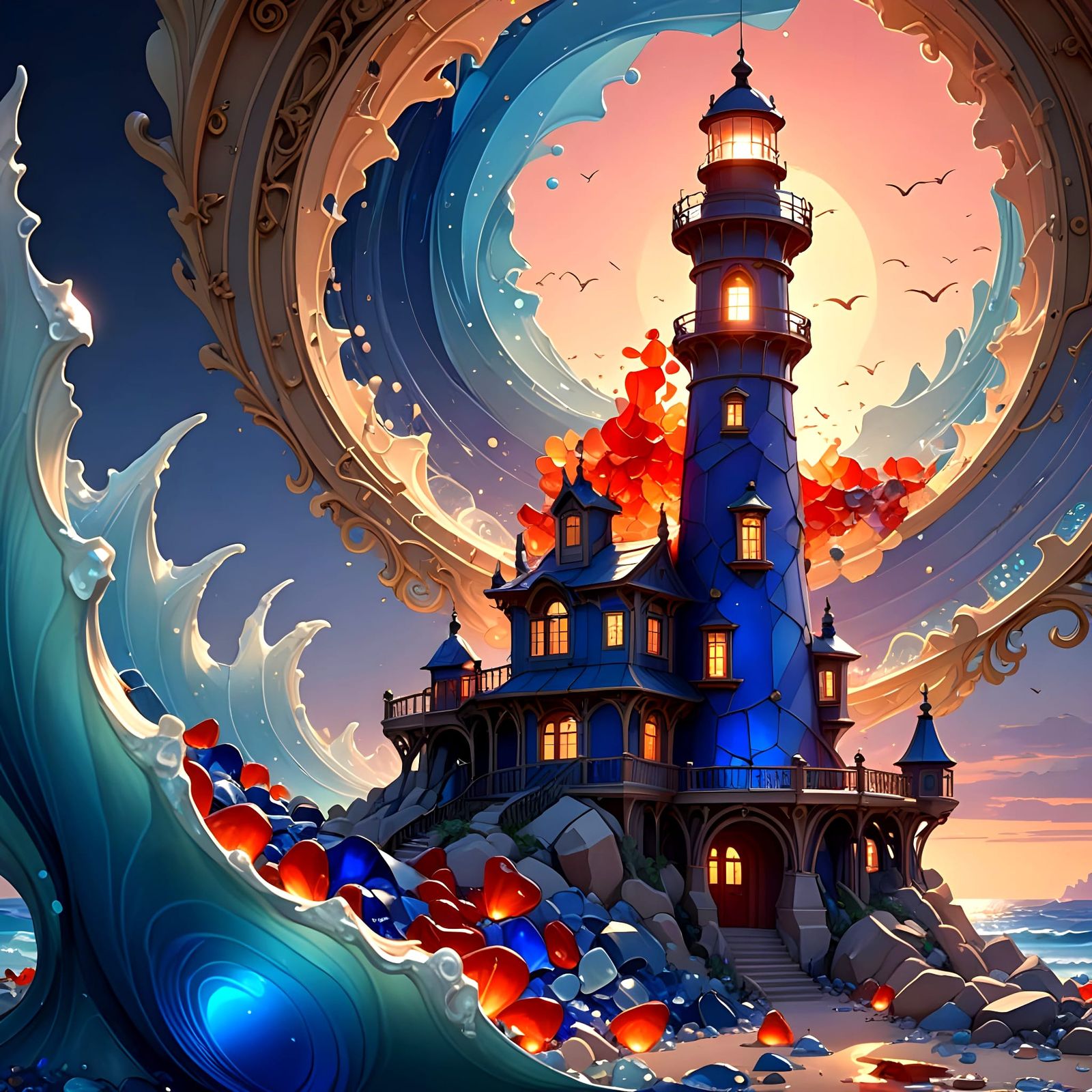 Sea Glass Lighthouse Sculpture in Art Nouveau Style