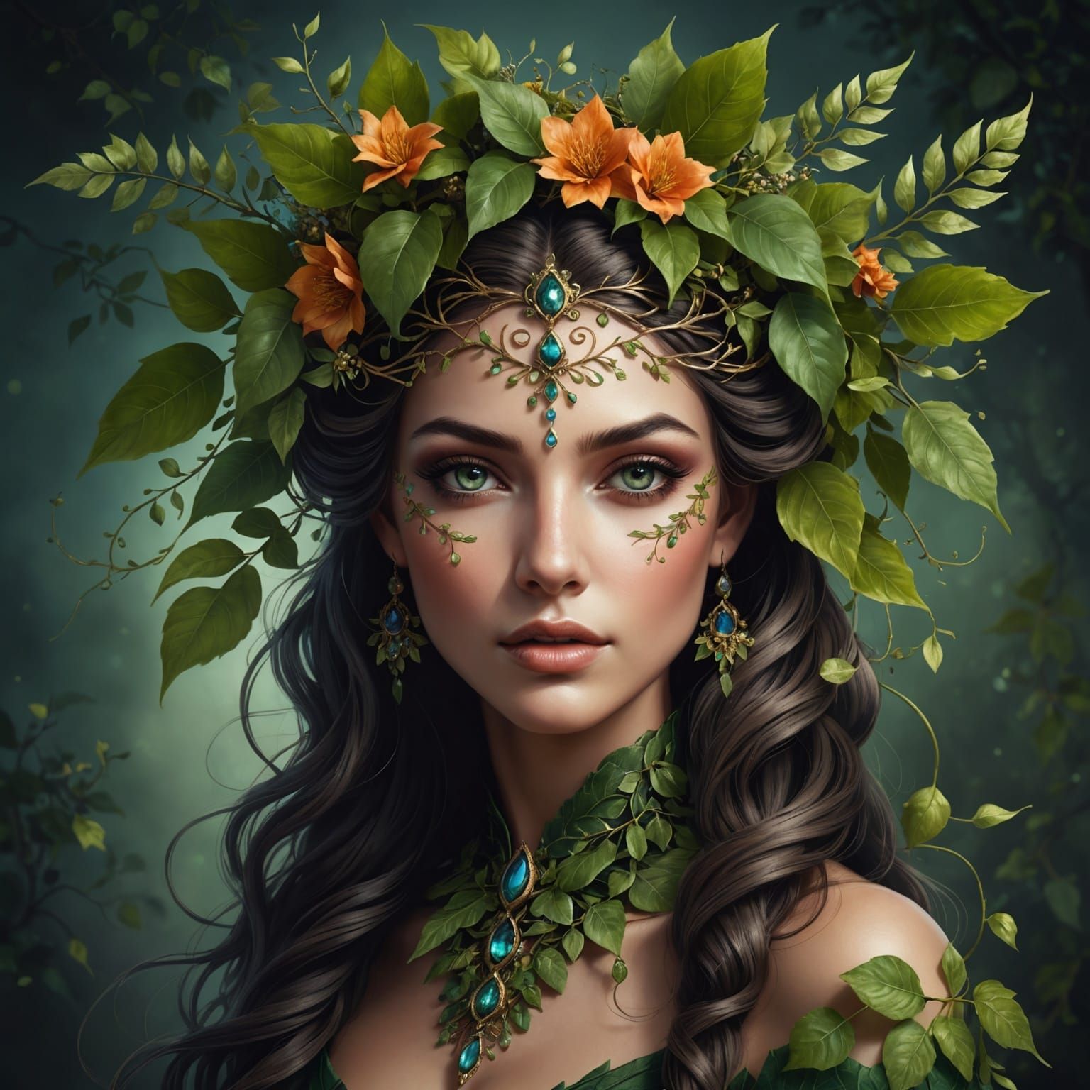 Enchanting Woman with Leaf Adornments in Anime Style