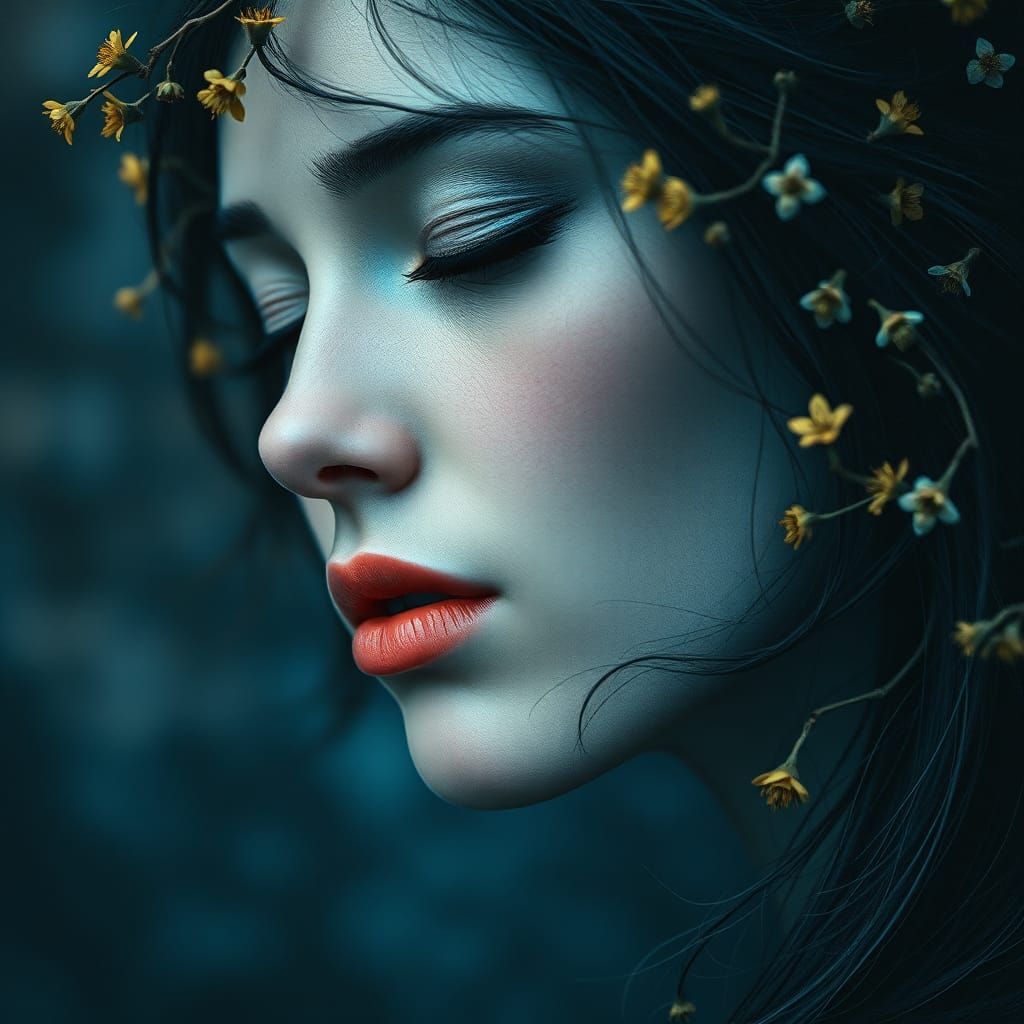 Blue Woman with Flowers, Hyperrealistic Concept Art