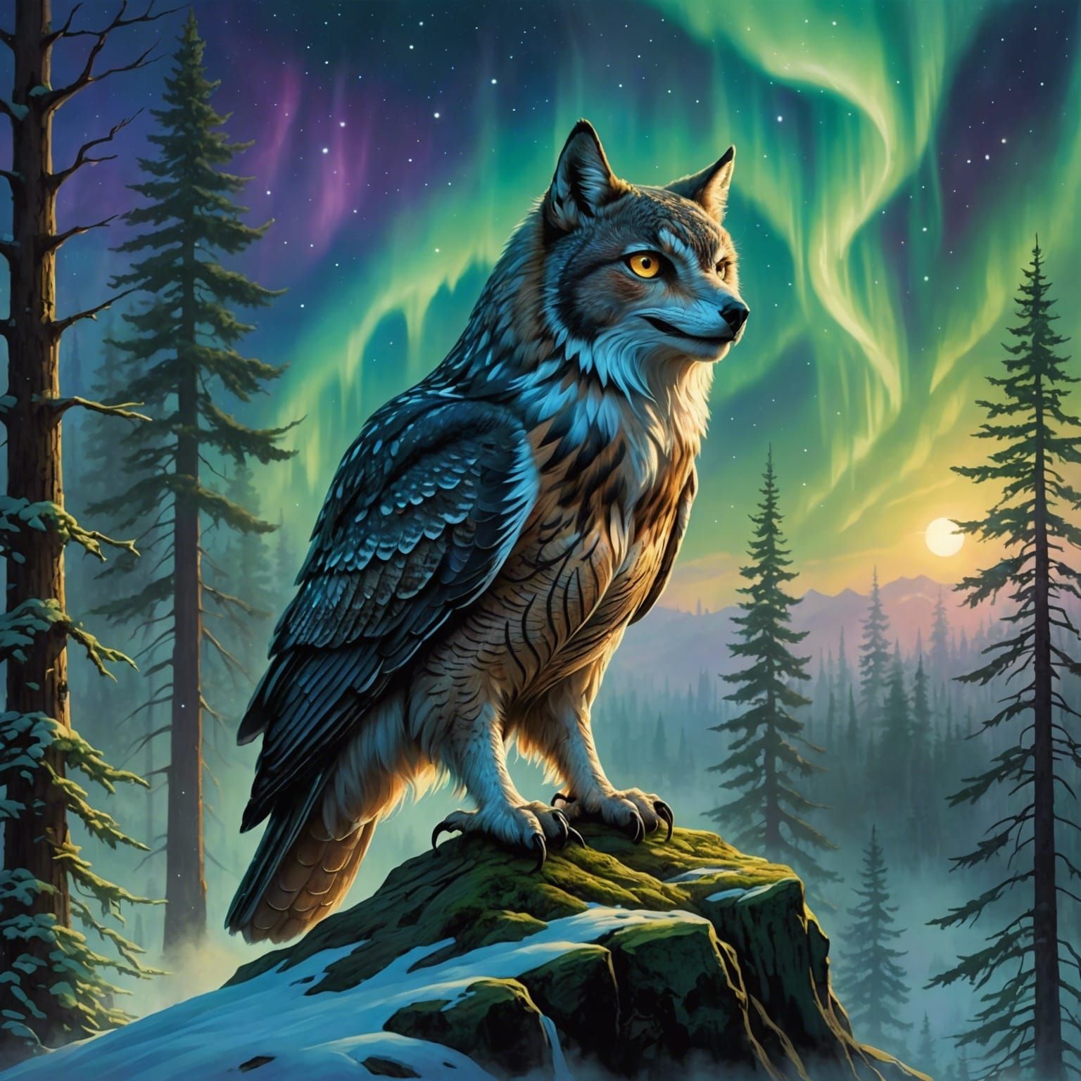 Owl Wolf Hybrid Howling at Aurora Borealis