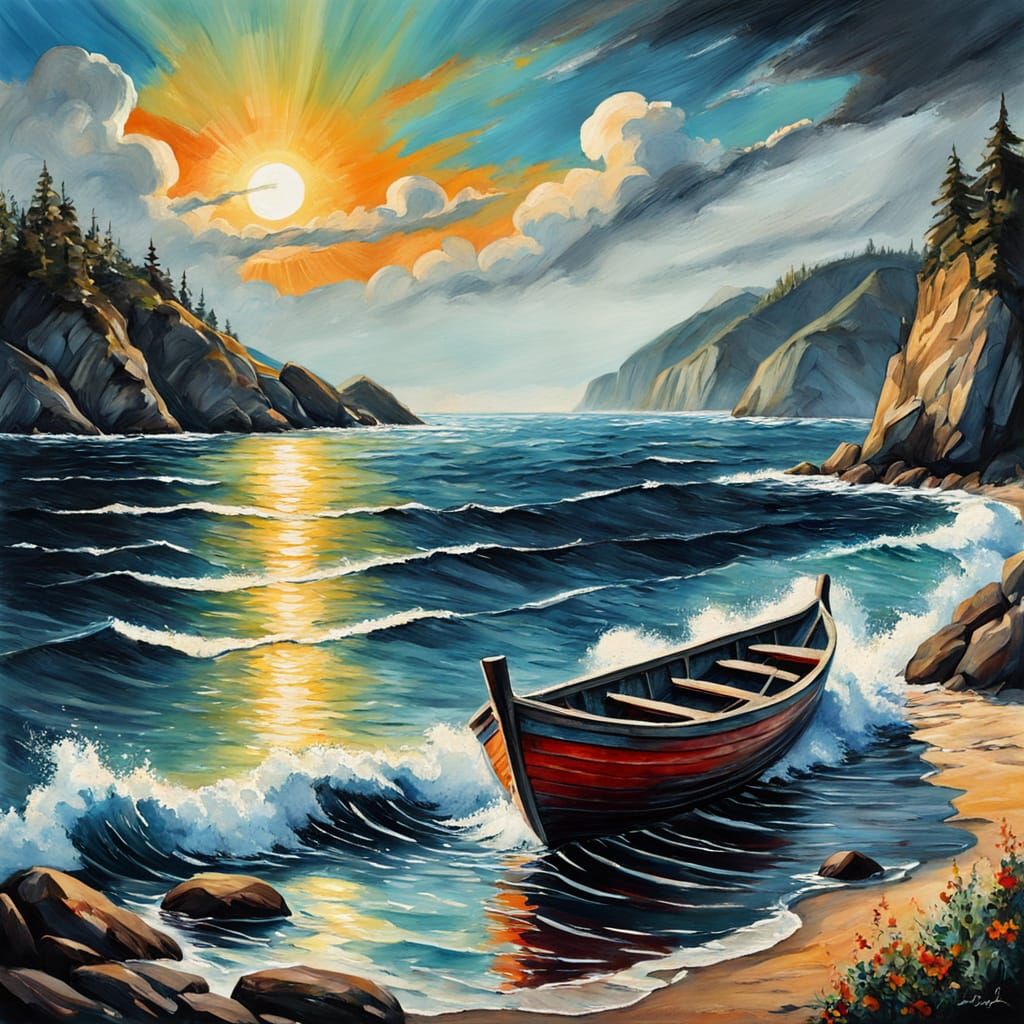 Seascape Sunset with Dolphins in Impressionist Style