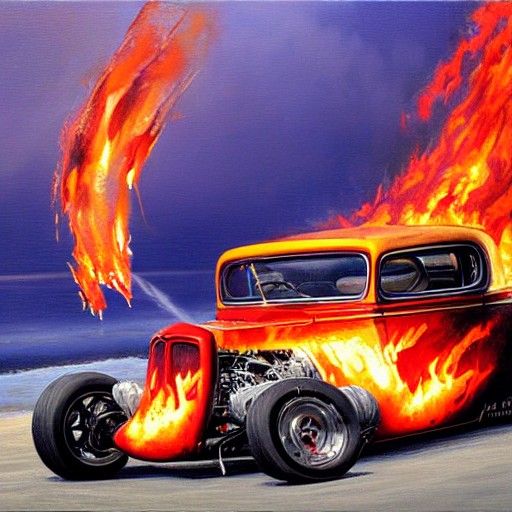 Hotrod Flames: Oil Painting by James Gurney Style