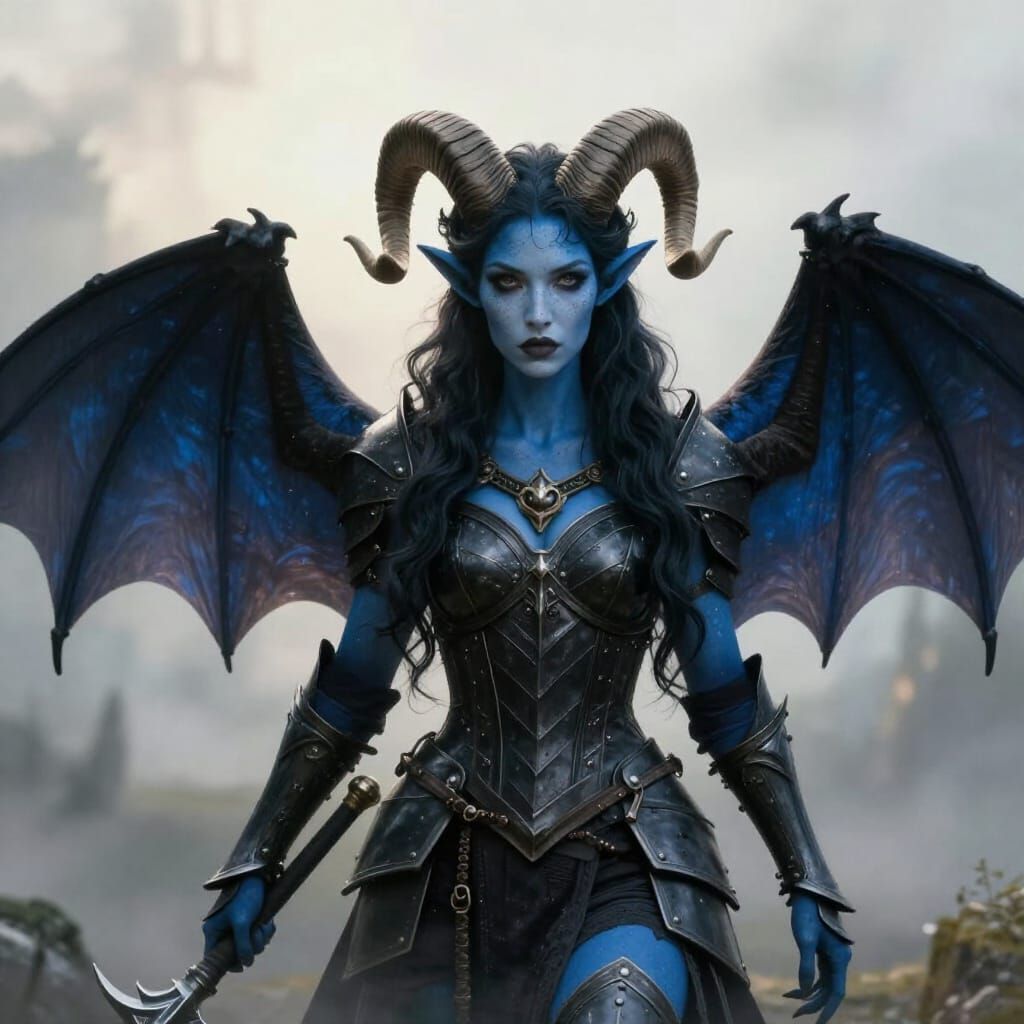 Ethereal Fantasy Woman with Ram Horns and Bat Wings